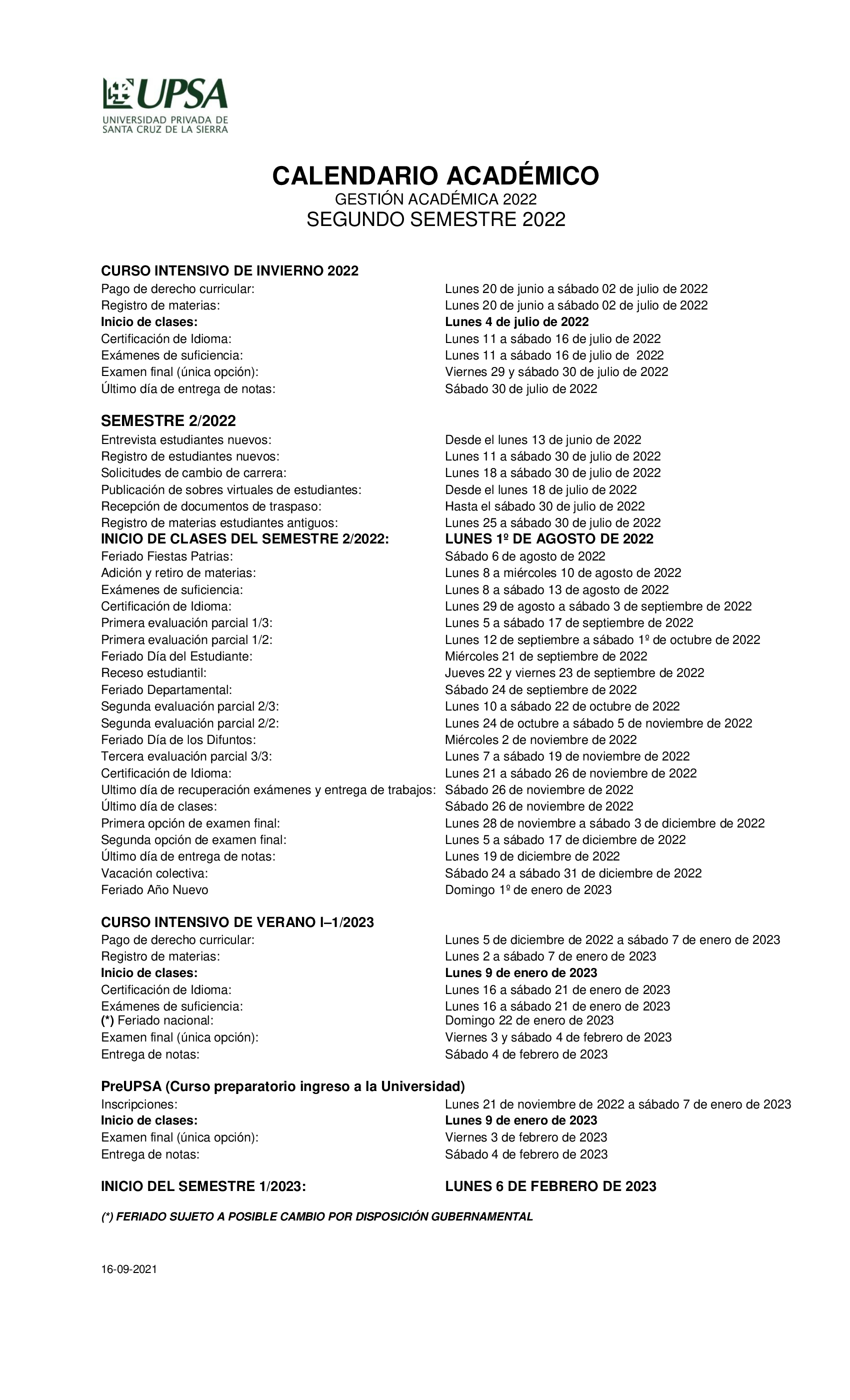 Academic calendar